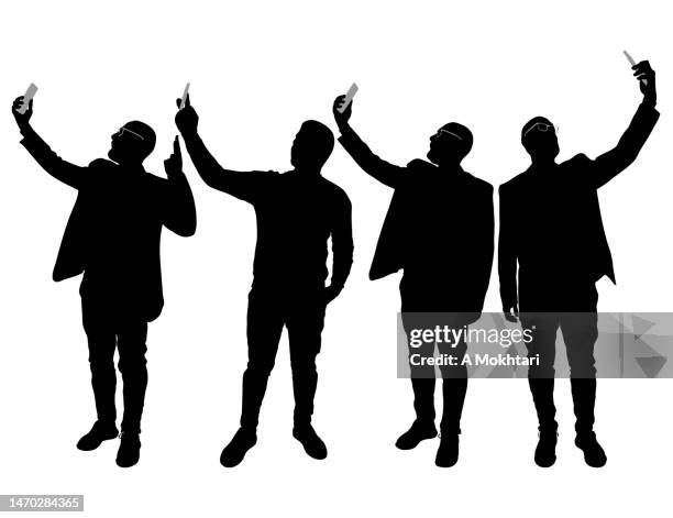 different selfie poses. - all men group selfie stock illustrations