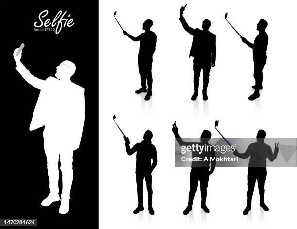 black and white selfie silhouette. - all men group selfie stock illustrations