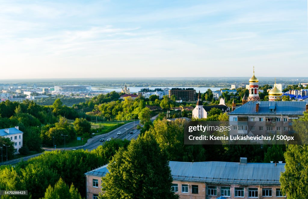 High angle view of townscape by sea against sky,Nizhny Novgorod,Nizhny Novgorod Oblast,Russia