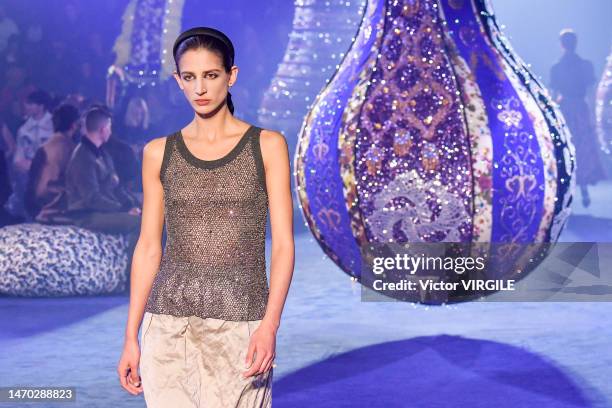 Model walks the runway during the Dior Ready to Wear Fall/Winter 2023-2024 fashion show as part of the Paris Fashion Week on February 28, 2022 in...