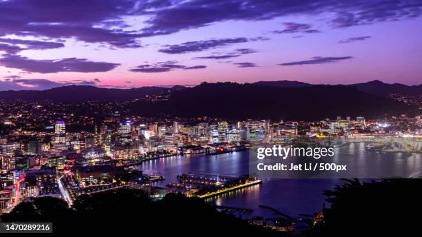 high angle view of illuminated city by sea against sky at night,wellington,new zealand - wellington fotografías e imágenes de stock