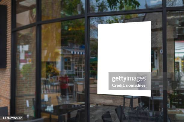 blank poster billboard template. blank sign label and placard attached to the window glass. mockup billboards and various promotions for stores and restaurants. - restaurant ad template stock pictures, royalty-free photos & images