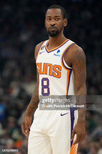 Terrence Ross of the Phoenix Suns looks on against the Milwaukee Bucks in the first half at Fiserv Forum on February 26, 2023 in Milwaukee,...