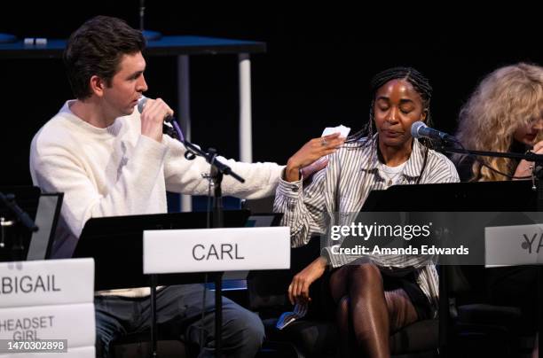 Actors Nicholas Braun, Ayo Edebiri and Kathryn Newton attend the Film Independent Live Read of “Triangle Of Sadness” at the Wallis Annenberg Center...