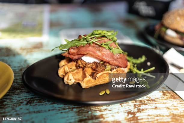 close-up of a special delicatessen waffle. - cadiz spain stock pictures, royalty-free photos & images