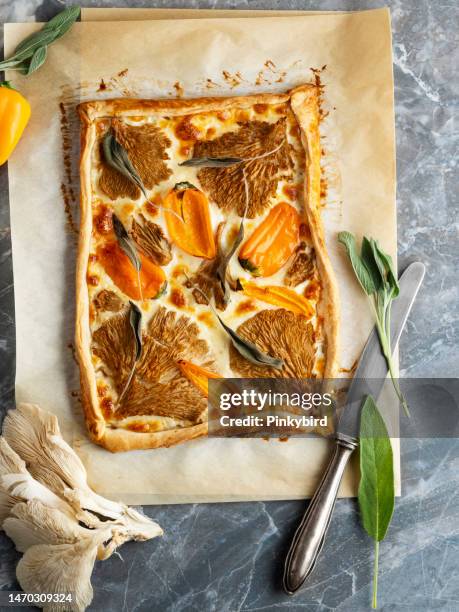 puff mushroom tart, mushroom and pepper pizza, mushroom pie, vegetable quiche, homemade tart with vegetables, savory tarts, vegetarian puff pastry - puff pastry stock pictures, royalty-free photos & images