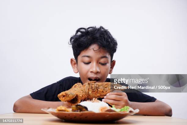 asian boy enjoys fried fish and rice at lunch time,bali,indonesia - heri mardinal stock pictures, royalty-free photos & images