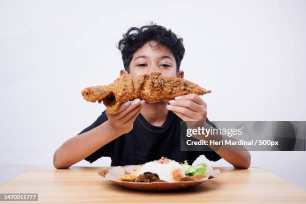 asian boy enjoys fried fish and rice at lunch time,bali,indonesia - heri mardinal stock pictures, royalty-free photos & images