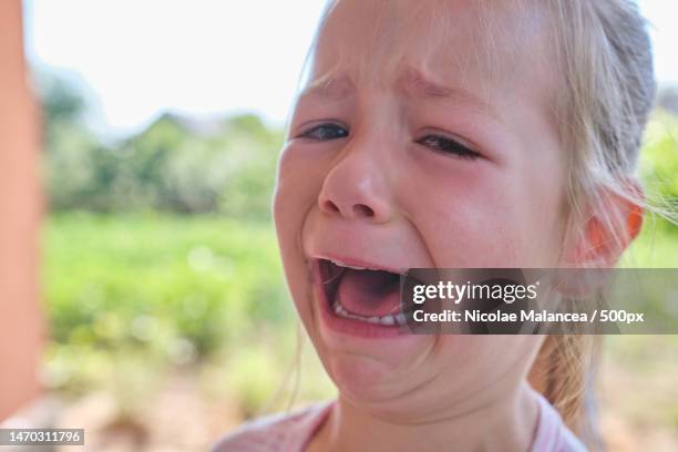 Little Preschool Beautiful Sad Little Girl Crying She Got Hurt Outdoor High-Res Stock Photo