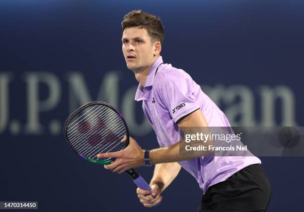 Hubert Hurkacz of Poland in action against Alexander Shevchenko during day ten of the Dubai Duty Free Tennis at Dubai Duty Free Tennis Stadium on...