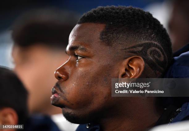 Paul Pogba of Juventus looks on prior to the Serie A match between Juventus and Torino FC at Allianz Stadium on February 28, 2023 in Turin, Italy.