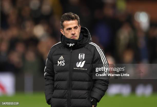 Marco Silva, Manager of Fulham, looks on prior to the Emirates FA Cup Fifth Round match between Fulham and Leeds United at Craven Cottage on February...