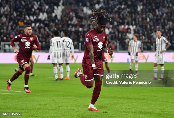 Yann Karamoh of Torino FC celebrates after scoring the team's first goal during the Serie A match between Juventus and Torino FC at Allianz Stadium...