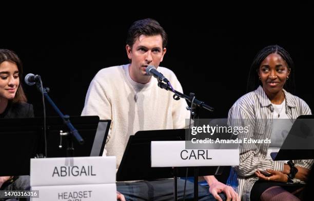 Actors Simona Tabasco, Nicholas Braun and Ayo Edebiri attend the Film Independent Live Read of “Triangle Of Sadness” at the Wallis Annenberg Center...