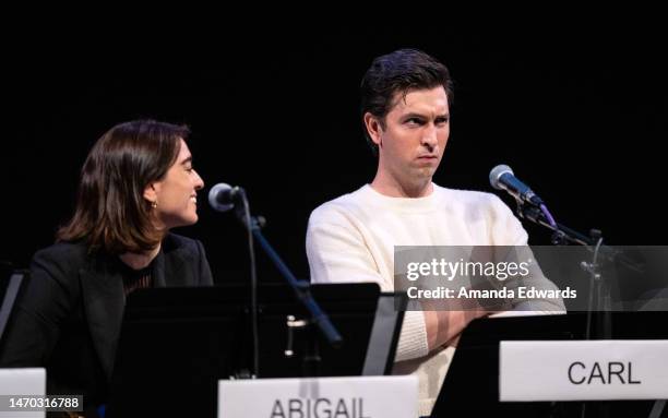 Actress Simona Tabasco and actor Nicholas Braun attend the Film Independent Live Read of “Triangle Of Sadness” at the Wallis Annenberg Center for the...