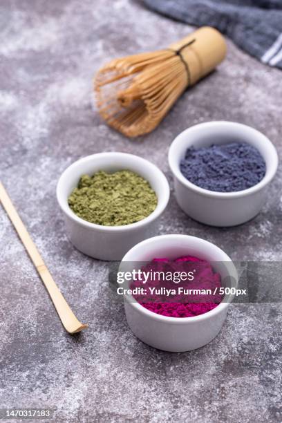 high angle view of various spices in bowl on table - clitoria - fotografias e filmes do acervo