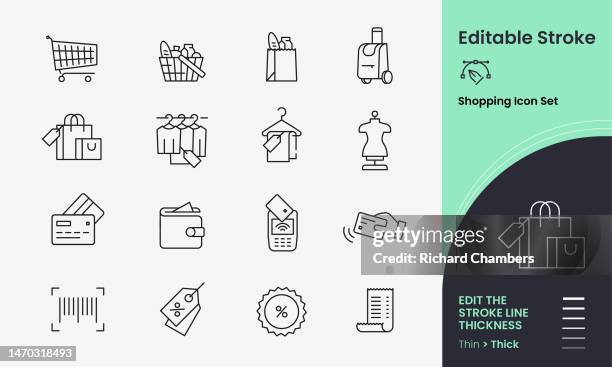 shopping & retail., stroked vector icon set - clothing manufacturing stock illustrations