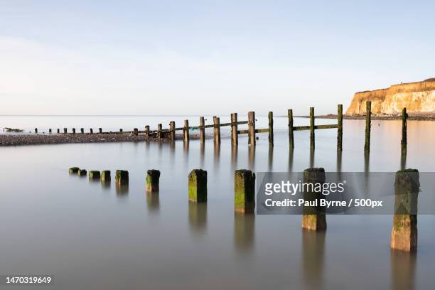 close-up of wooden posts in sea against sky,cuckmere haven,seaford,united kingdom,uk - stakes in the sand stock pictures, royalty-free photos & images