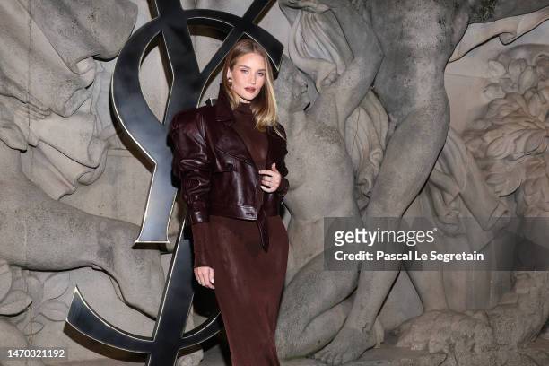 Rosie Huntington-Whiteley attends the Saint Laurent Womenswear Fall Winter 2023-2024 show as part of Paris Fashion Week on February 28, 2023 in...