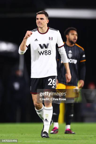 Joao Palhinha of Fulham celebrates after scoring the team's first goal during the Emirates FA Cup Fifth Round match between Fulham and Leeds United...