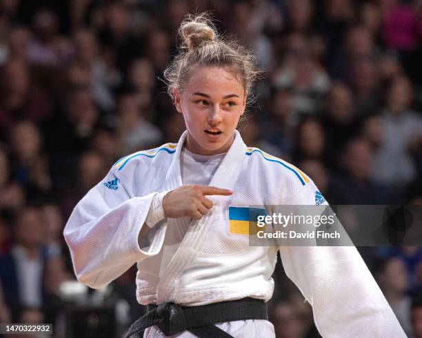 World champion and Olympic medalist, Daria Bilodid of Ukraine celebrates winning the u57kg bronze medal after defeating Telma Monteiro of Portugal by...