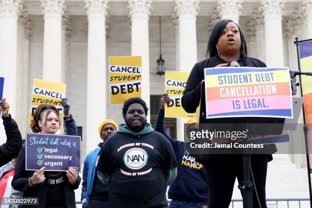 Ashley Sharpton speaks as student loan borrowers and advocates gather for the People's Rally To Cancel Student Debt During The Supreme Court Hearings...