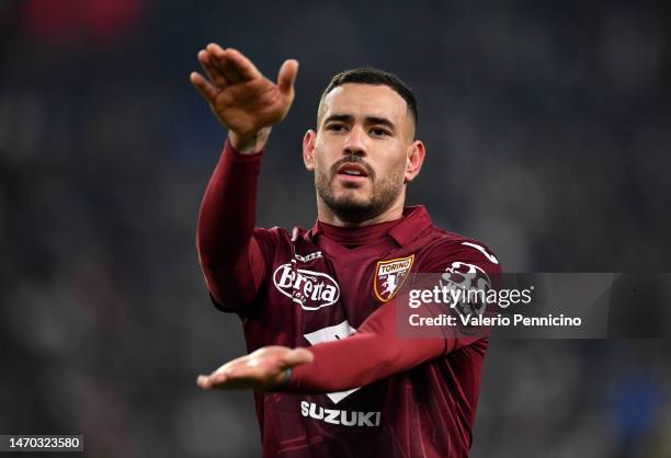 Antonio Sanabria of Torino FC celebrates after scoring the team's second goal during the Serie A match between Juventus and Torino FC at Allianz...