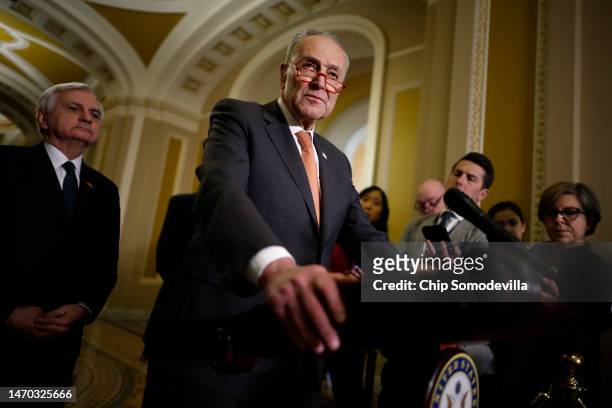 Senate Majority Leader Charles Schumer talks to reporters following the weekly Senate Democratic policy luncheon at the U.S. Capitol on February 28,...
