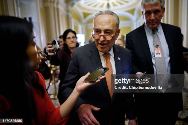 Senate Majority Leader Charles Schumer talks to reporters following the weekly Senate Democratic policy luncheon at the U.S. Capitol on February 28,...