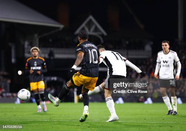 Manor Solomon of Fulham scores the team's second goal during the Emirates FA Cup Fifth Round match between Fulham and Leeds United at Craven Cottage...