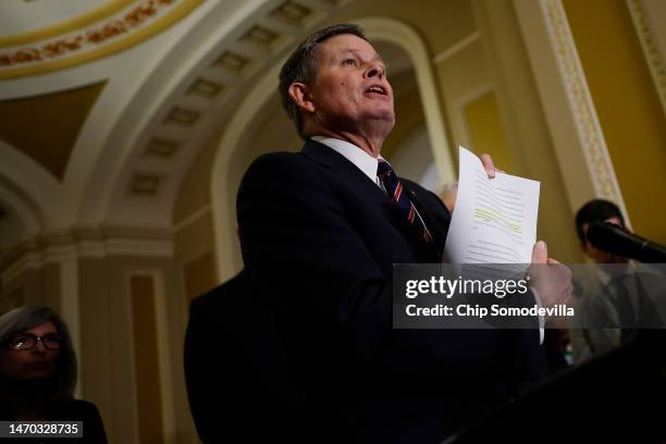 Sen. Steve Daines talks to reporters during a news conference following the weekly Senate Republican policy luncheon at the U.S. Capitol on February...