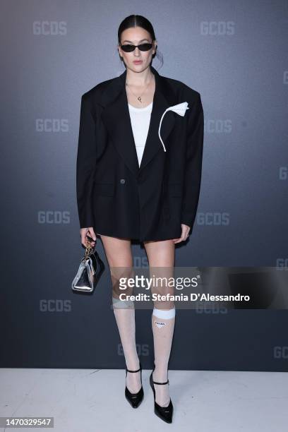 Camille Charrière is seen on the front row of the GCDS fashion show during the Milan Fashion Week Womenswear Fall/Winter 2023/2024 on February 23,...