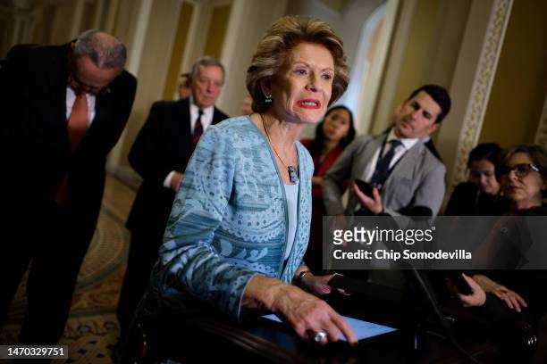 Sen. Debbie Stabenow talks to reporters following the weekly Senate Democratic policy luncheon at the U.S. Capitol on February 28, 2023 in...