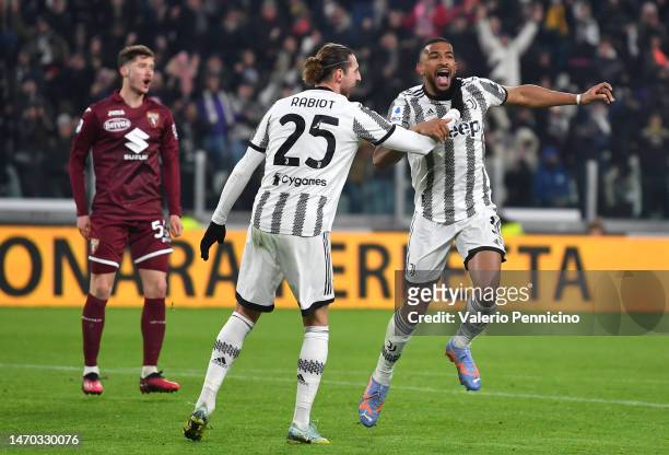 Bremer of Juventus celebrates after scoring the team's third goal with teammate Adrien Rabiot during the Serie A match between Juventus and Torino FC...