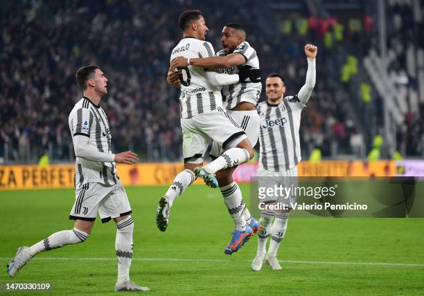 Bremer of Juventus celebrates after scoring the team's third goal with teammate Danilo during the Serie A match between Juventus and Torino FC at...