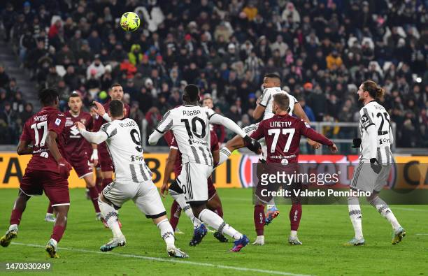 Bremer of Juventus scores the team's third goal during the Serie A match between Juventus and Torino FC at Allianz Stadium on February 28, 2023 in...