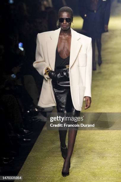 Model walks the runway during the Saint Laurent Womenswear Fall Winter 2023-2024 show as part of Paris Fashion Week on February 28, 2023 in Paris,...