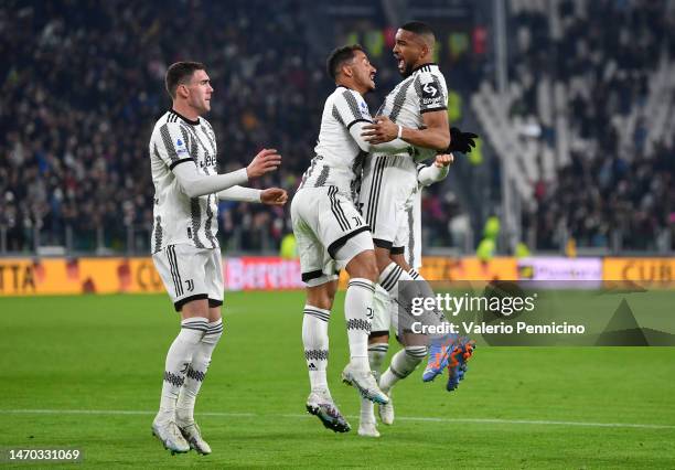 Bremer of Juventus celebrates after scoring the team's third goal with teammate Danilo during the Serie A match between Juventus and Torino FC at...