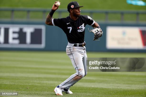 Tim Anderson of the Chicago White Sox throws to first during the second inning against the Arizona Diamondbacks at Salt River Fields at Talking Stick...