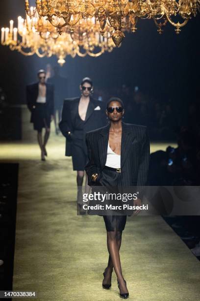 Models walk the runway during the Saint Laurent Womenswear Fall Winter 2023-2024 show as part of Paris Fashion Week on February 28, 2023 in Paris,...