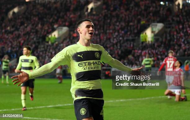 Phil Foden of Manchester City celebrates after scoring the team's second goal during the Emirates FA Cup Fifth Round match between Bristol City and...