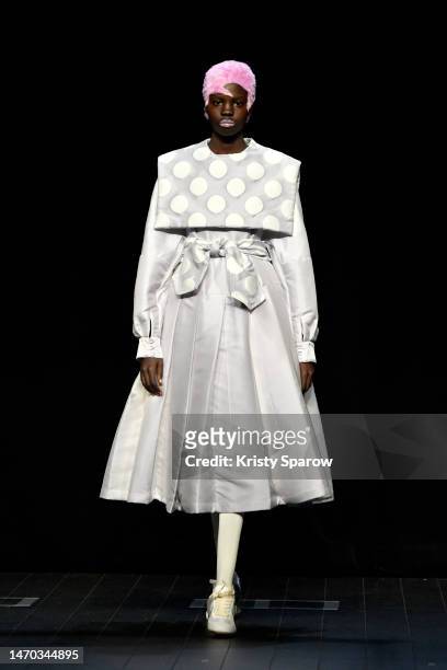 Model poses on the runway during the Anrealage Womenswear Fall Winter 2023-2024 show as part of Paris Fashion Week on February 28, 2023 in Paris,...