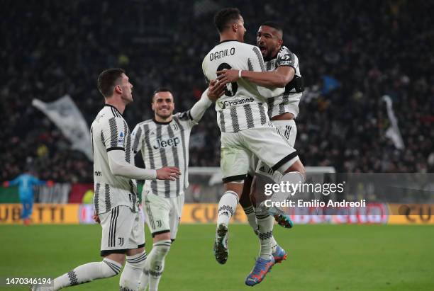 Bremer of Juventus celebrates his goal with his team-mate Danilo Luiz da Silva and Dusan Vlahovic during the Serie A match between Juventus and...