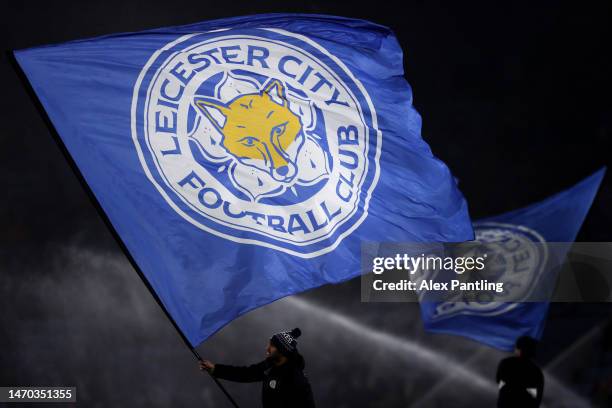 Leicester City flag is waved during the Emirates FA Cup Fifth Round match between Leicester City and Blackburn Rovers at The King Power Stadium on...