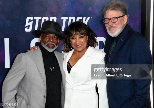 LeVar Burton, wife Stephanie Cozart Burton and Jonathan Frakes arrive for the Los Angeles Premiere Of The Third And Final Season Of Paramount+'s...