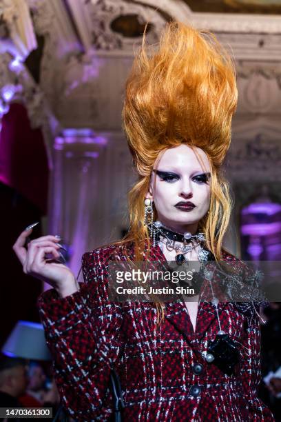 Model is seen during the Pressiat Womenswear Fall Winter 2023-2024 presentation as part of Paris Fashion Week on February 28, 2023 in Paris, France.