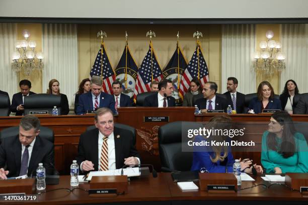 Chairman Mike Gallagher talks with Ranking Member Raja Krishnamoorthi as they join fellow committee members during the first hearing of the U.S....