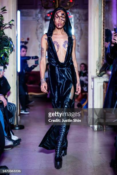 Model is seen during the Pressiat Womenswear Fall Winter 2023-2024 presentation as part of Paris Fashion Week on February 28, 2023 in Paris, France.