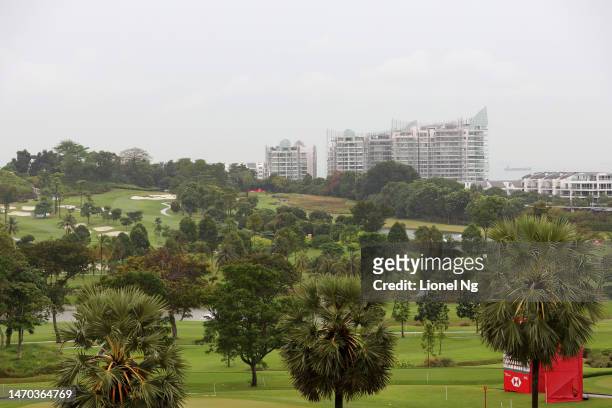 General view of the golf course and apartments on Sentosa Island during a cancelled practice day due to wet weather prior to the HSBC Women's World...