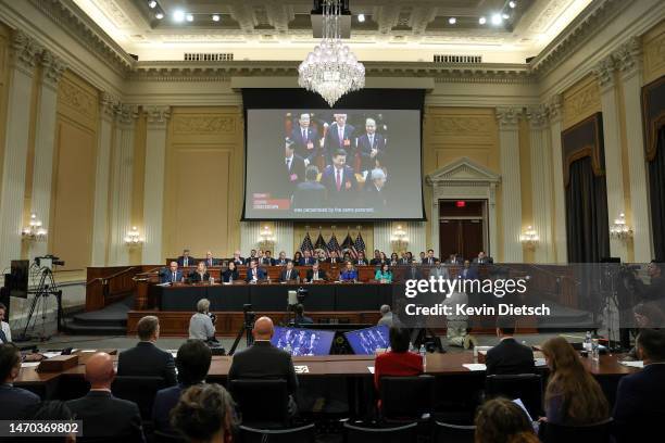 Video on the Chinese Communist Party is played during a hearing of the U.S. House Select Committee on Strategic Competition between the United States...